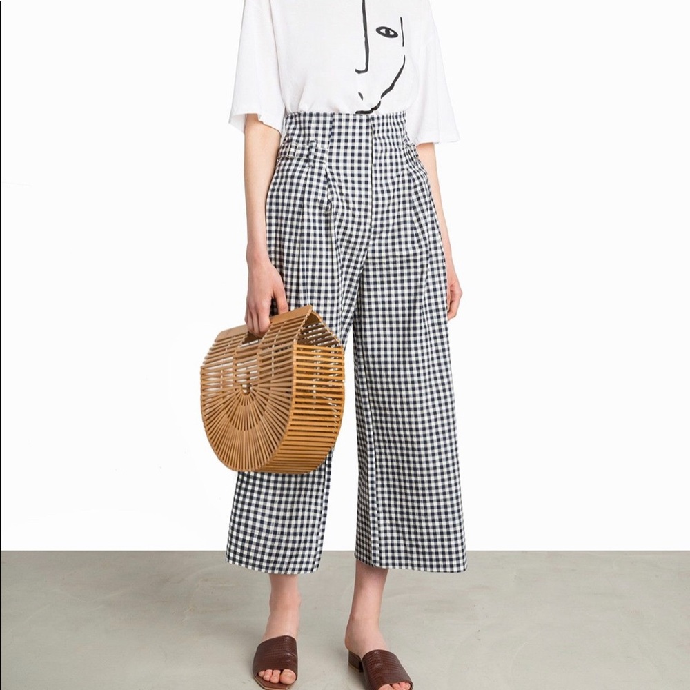 black and white check paper bag waist skirt pants